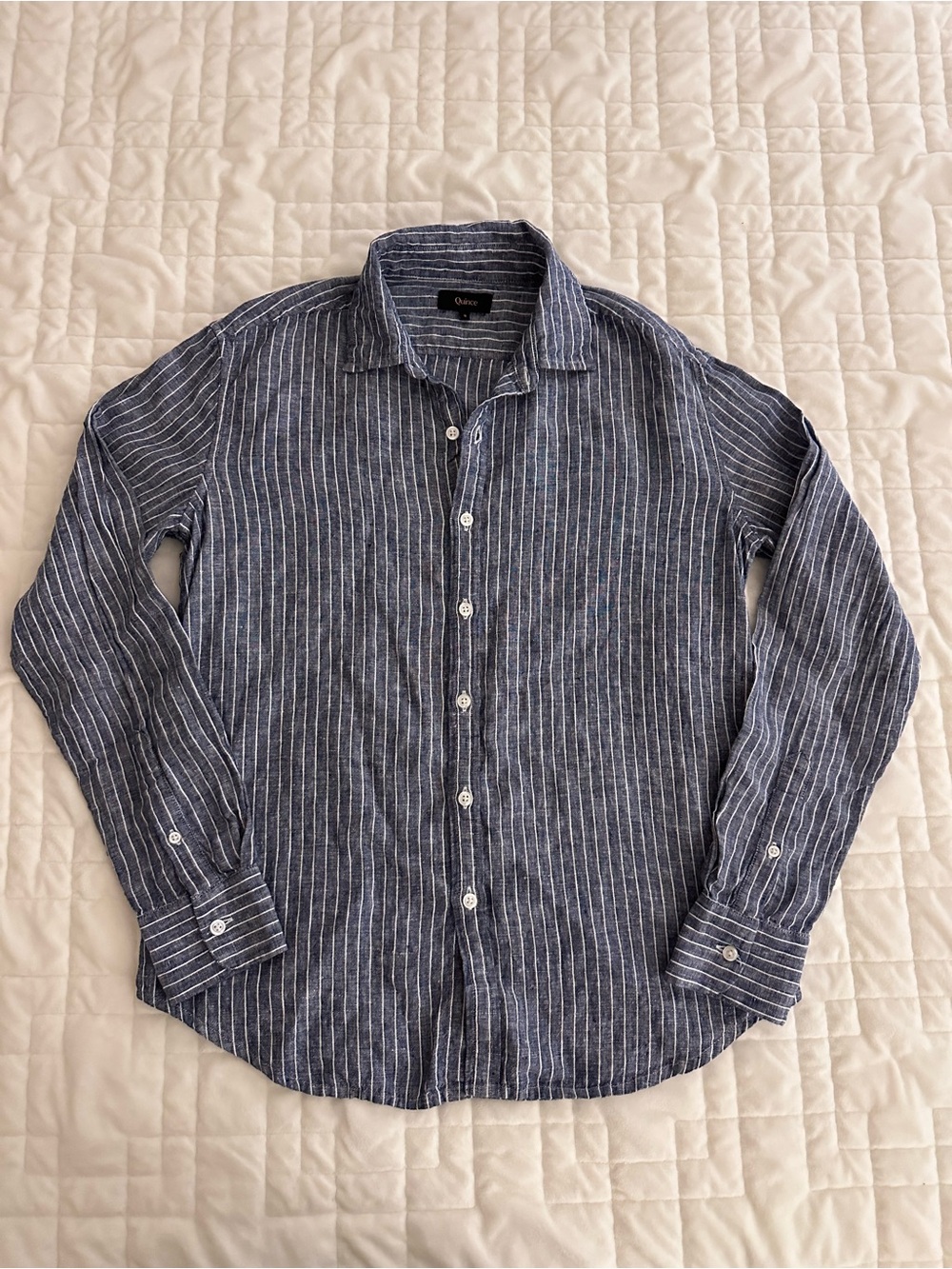 Quince Blue and White Striped 100% European Linen Long Sleeve Button Down Shirt